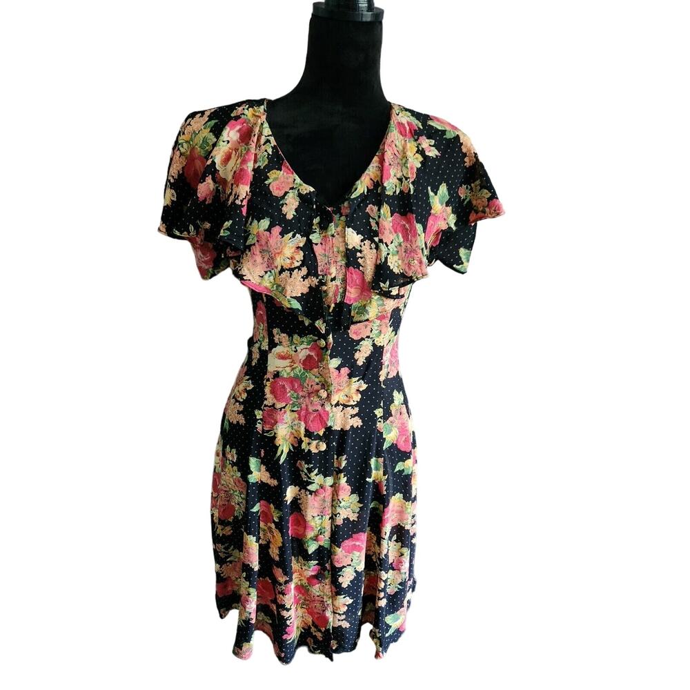 Carol Little Ruffle black & pink colorful floral polka-dot Dress 8